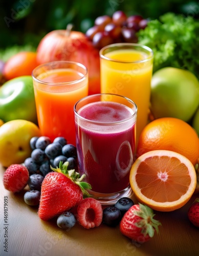 Fresh fruit juices in glasses, surrounded by colorful fruits, showcasing a vibrant, healthy lifestyle