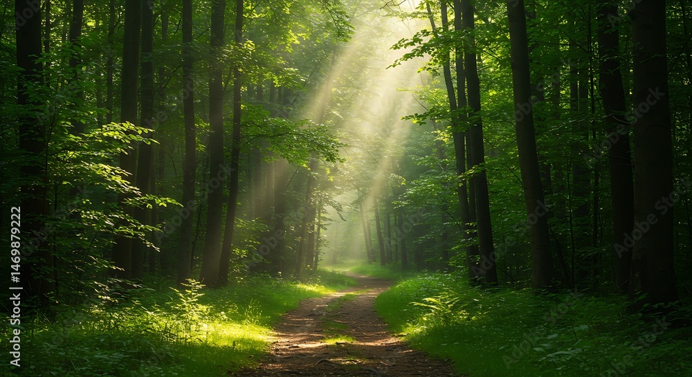 Naklejka premium Sunbeams Illuminating a Forest Path