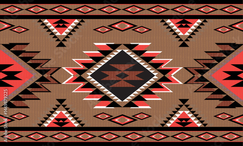 Southwestern tribal rug pattern in earthy brown, red, and black tones, perfect for boho decor, Vector seamless pattern. Mexican blanket, rug. Woven carpet illustration.