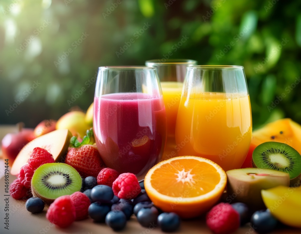 custom made wallpaper toronto digitalFresh fruit juices in glasses, surrounded by colorful fruits, showcasing a vibrant, healthy lifestyle
