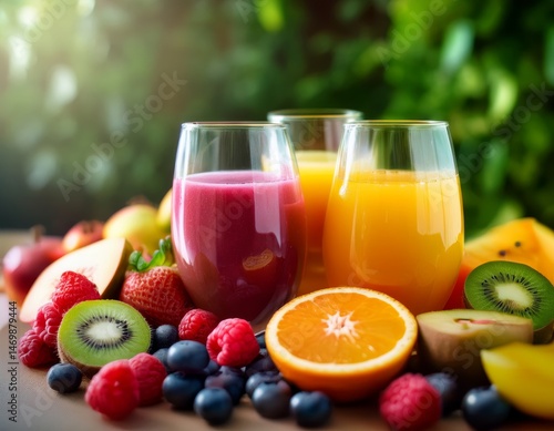 Wallpaper Mural Fresh fruit juices in glasses, surrounded by colorful fruits, showcasing a vibrant, healthy lifestyle Torontodigital.ca