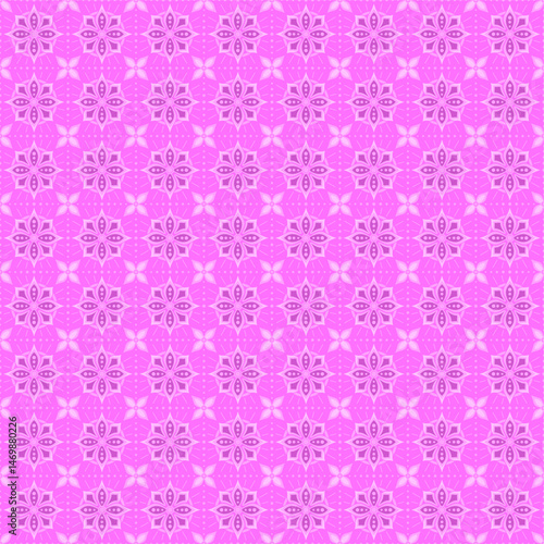 Seamless geometric floral ornament pattern in pink color, Islamic ethnic style, mandala-inspired decorative vector background for wallpaper, textile, packaging, EPS format