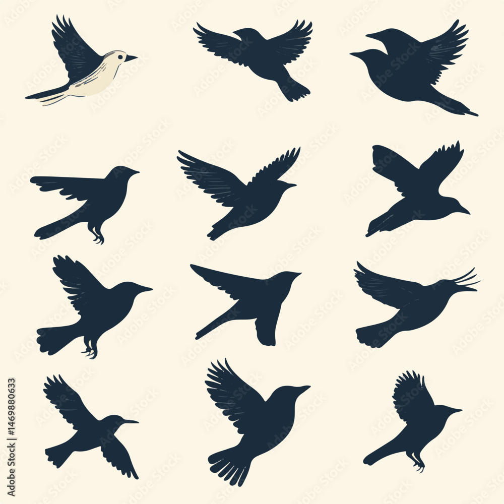 Fototapeta premium Collection Of Stylized Bird Silhouettes Flying In Different Poses On Light Background For Graphic Design