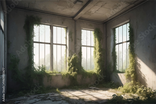 Overgrown Abandoned Building Interior with Sunlit Window