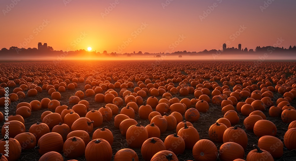 Obraz premium A Bountiful Pumpkin Patch at Sunrise, Silhouetted City in the Background