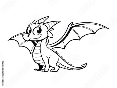 A cute cartoon dragon with big eyes and a friendly smile. The dragon is standing on its hind legs, with its wings spread out