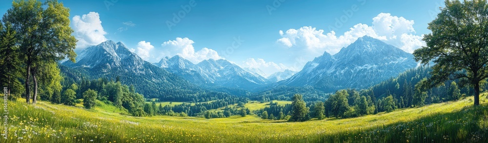 Scenic alpine meadow beneath snow-capped mountains. Scenic alpine meadow beneath snow-capped mountains.
