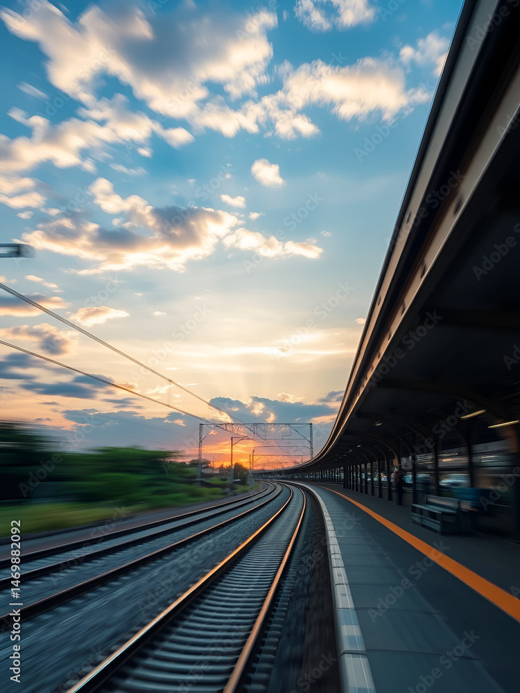 Fototapeta premium Railroad and beautiful blue sky with clouds at sunset with motion blur effect in summer. Industrial landscape with railway station and blurred background. Railway platform in speed motion. Concept