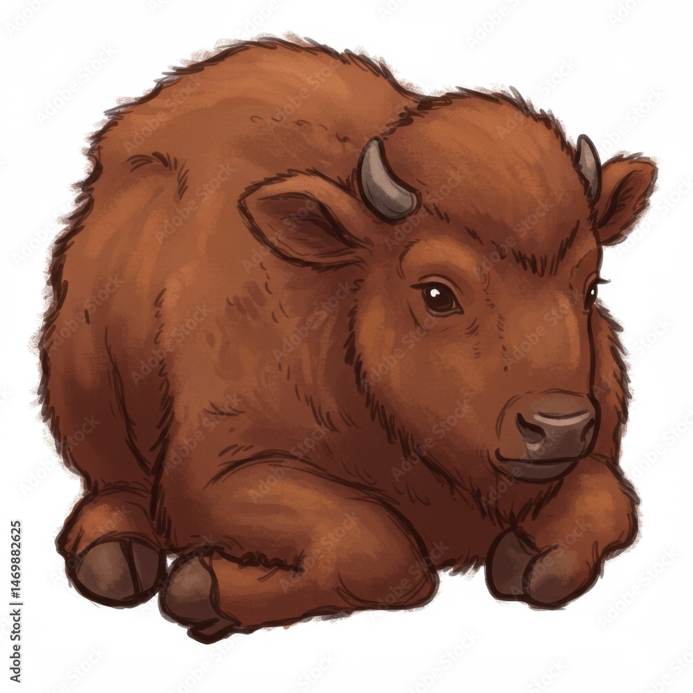 Fototapeta premium Brown Bison Illustration Sitting on White Background