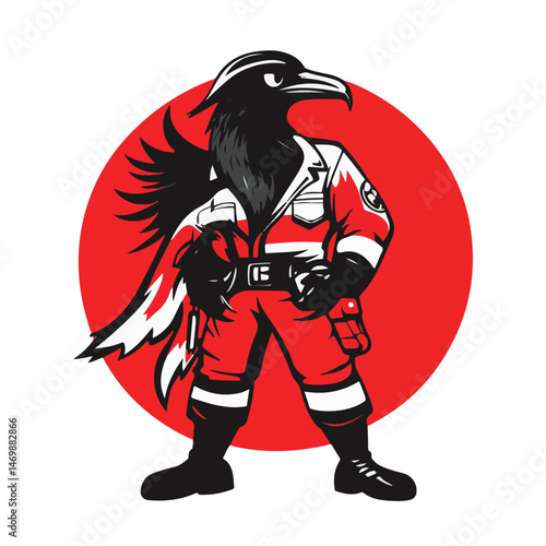 Raven Mascot Cartoon Character In Red And Black Emergency Medical Technician Emt Uniform Design