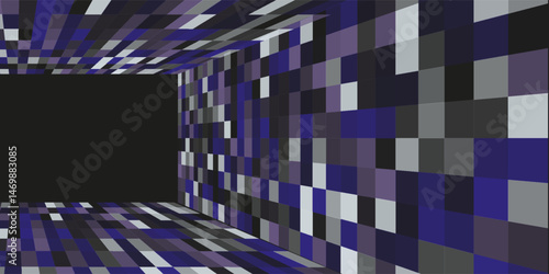 3D wireframe room colorful on dark background. Abstract perspective grid. Vector illustration.