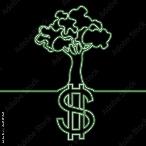 Money Growth Concept: Dollar Sign with Tree Growing from It icon neon glow vector illustration concept