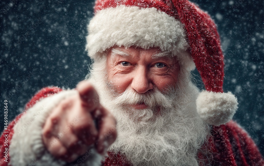 Santa Claus in red suit pointing at camera with falling snow against a blurred winter background. Santa Claus in red suit pointing at camera with falling snow against a blurred winter background.