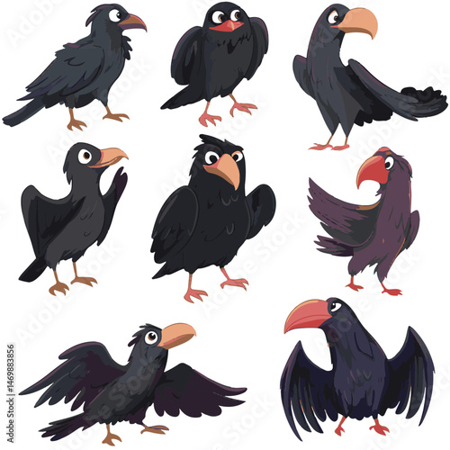 Cartoon Style Set Of Black Crow Illustrations With Varied Poses And Beaks On White Background