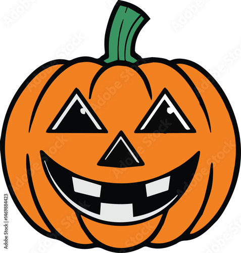 This orange jack-o-lantern, a spooky vegetable carved with an evil smile for the autumn halloween holiday celebration, is a classic scary decoration