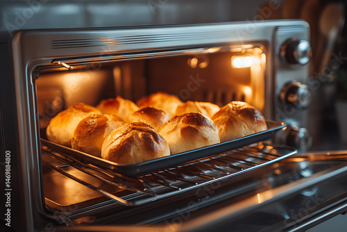 Stainless steel toaster oven with golden buns baking inside, kitchen close-up