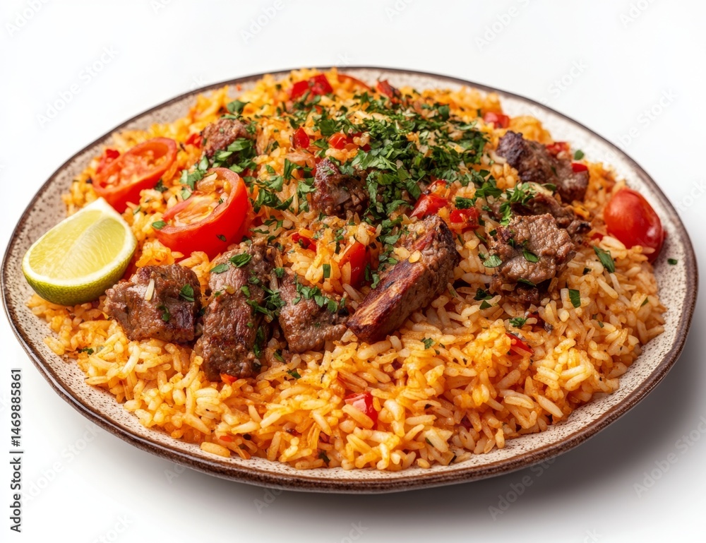 Fototapeta premium Spicy Lamb Rice with Fresh Herbs