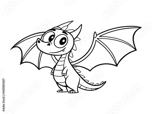 A cute cartoon dragon with big eyes and a friendly smile. The dragon is standing on its hind legs, with its wings spread out