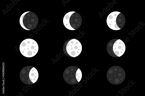 Grayscale Moon Phases Icons on Black Background – Flat Vector Illustration