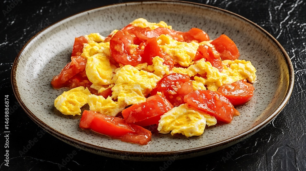 Chinese style tomato scrambled egg stir fry served ceramic plate over black textured background simple yet comforting dish found home kitchen across mainland China Chinese style tomato scrambled egg stir fry served ceramic plate over black textured background simple yet comforting dish found home kitchen across mainland China