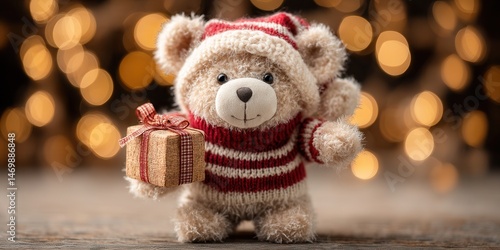 Wallpaper Mural Teddy bear in a cozy sweater holding a wrapped gift, isolated on white background, studio lighting. Torontodigital.ca
