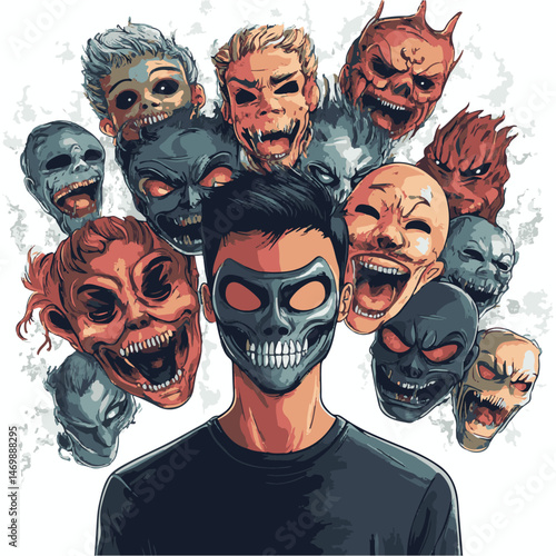 Man Wearing Mask Surrounded By Horrific Faces Representing Fear And Inner Demons