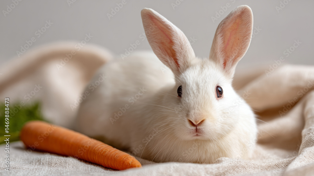Obraz premium Fluffy white rabbit sitting on linen blanket with carrot, perfect for easter decorations