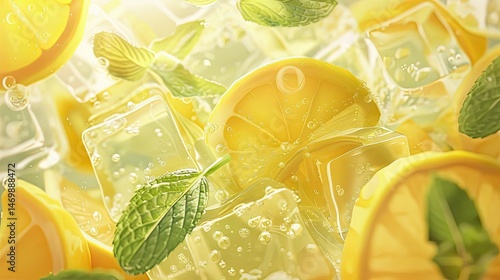 Close up of lemon slices and mint leaves with ice cubes creating a refreshing summer drink look