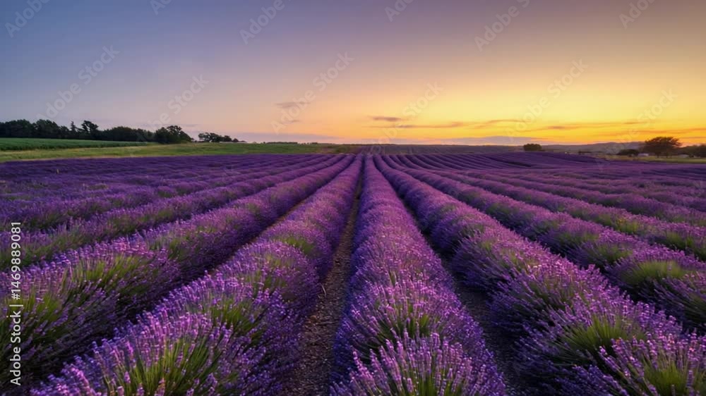 Lavender Field at Sunrise Rows of Purple Flowers in Countryside Lavender Field at Sunrise Rows of Purple Flowers in Countryside