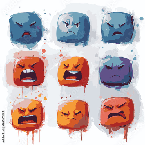 Collection Of Watercolor Square Faces Showing Angry And Negative Expressions