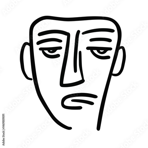Abstract Black And White Line Art Illustration Of A Somber Human Face