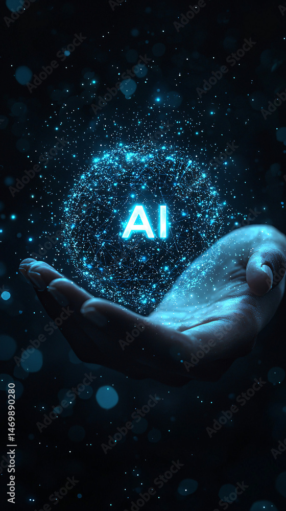 Fototapeta premium Abstract vector of hand holding glowing blue AI hologram circle. Futuristic digital and tech concept.