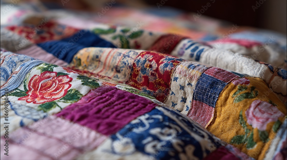 Fototapeta premium Colorful patchwork quilt with floral patterns