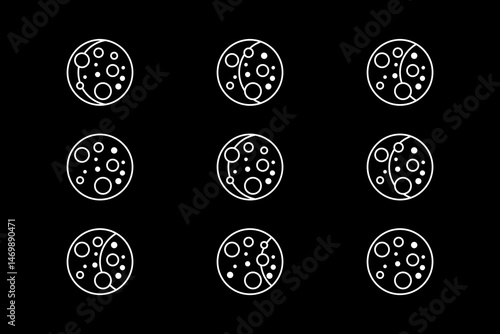 Outline Moon Phases Icons – Minimal Line Art on Black Background