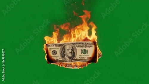 燃える紙幣 鮮烈な炎 緑背景 燃焼イメージ