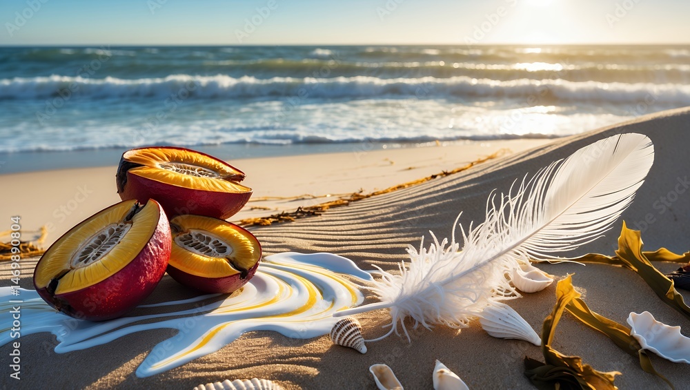 Obraz premium Beach Still Life with Cut Fruit Feather and Ocean View