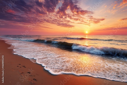 Fototapeta Naklejka Na Ścianę i Meble -  Vibrant sunset over ocean waves crashing onto sandy beach with clear sky and warm colors.