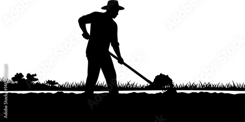 Silhouette of a Farmer Tilling the Land A Black and White Illustration