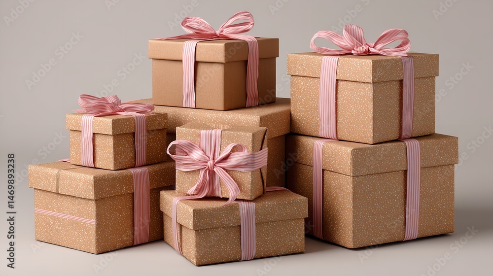 Obraz premium Brown Gift Boxes with Pink Ribbons Arranged on Solid Color Background