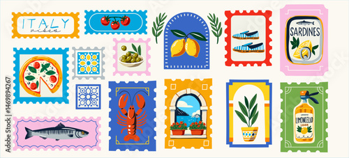 Vector set of Mediterranean food and vacation elements in colorful stamp shapes: lemon, pizza, fish, olives, sea view, window, potted plant, tomato, tile, abstract seafood, ideal for prints and cards