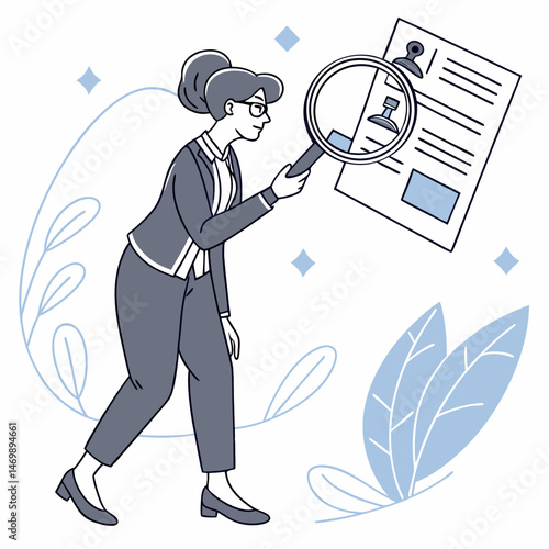 Businesswoman examining a resume with magnifying glass for hiring or recruitment purposes