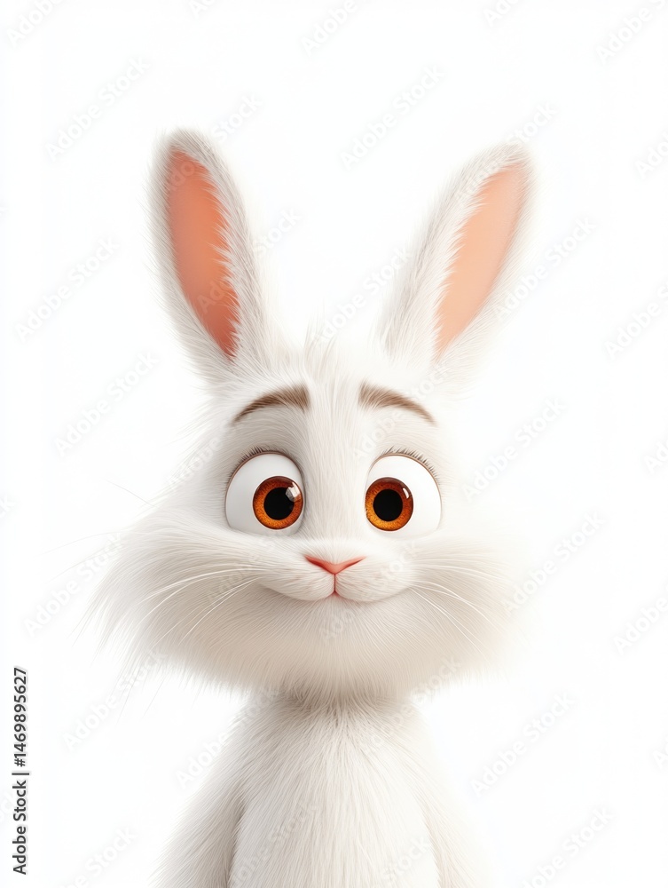 Fototapeta premium 3D cartoon cute white rabbit with big ears and bright eyes smiling joyfully on white background