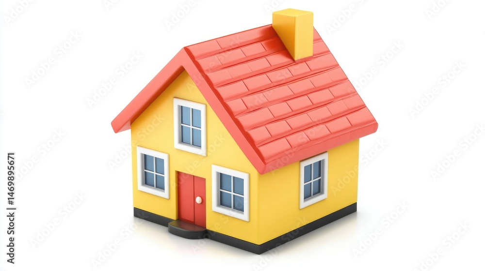 Fototapeta premium A yellow and red house with a red roof and white trim, placed on a white background with a shadow cast on the ground.