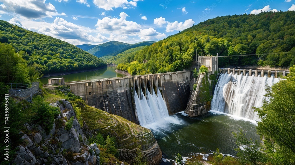 Heavy water forcefully splashing out from a hydroelectric dam, demonstrating the power of water and the functionality of the dam in generating electricity, with a focus on the dynamic water flow. Heavy water forcefully splashing out from a hydroelectric dam, demonstrating the power of water and the functionality of the dam in generating electricity, with a focus on the dynamic water flow.