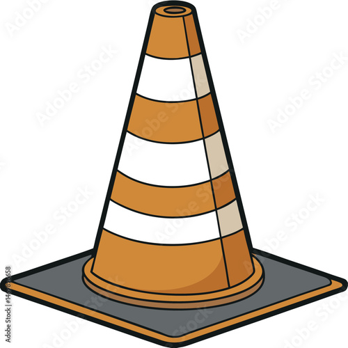 A cartoon traffic cone with orange and white stripes on a gray square base design art