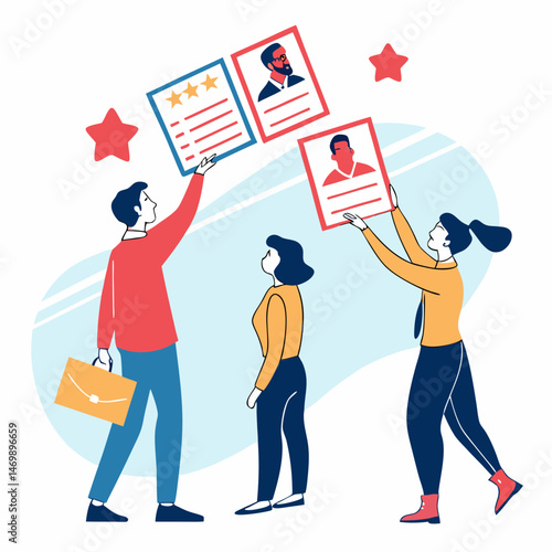 Team evaluating candidates for recruitment or hiring process in an office