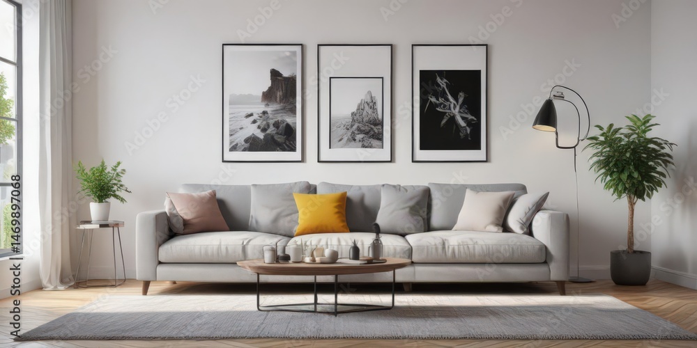 Fototapeta premium Grey couch, white wall, stylish posters Gallery wall, modern living room , space, minimalist, atmosphere