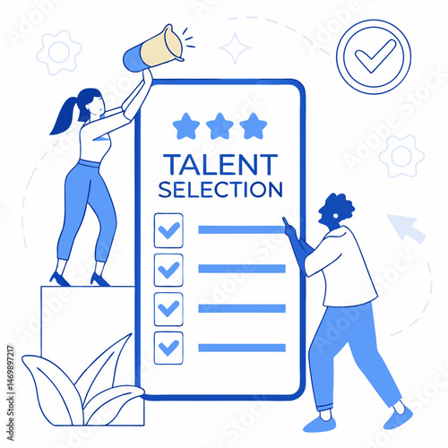 Illustrated talent selection process depicted with people and checklist elements on white