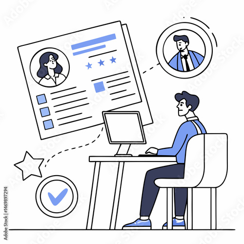 Applicant review process featuring resume and potential candidates illustrated on a desktop computer