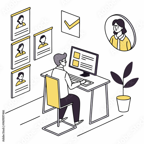 Modern isometric illustration of a recruiter screening potential job applicants online
